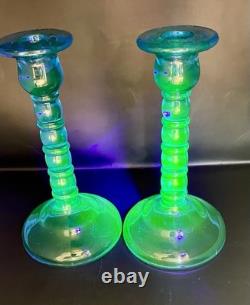 Cambridge Ritz Blue Uranium Glass Candle Holders 8 Set of Two
