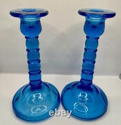 Cambridge Ritz Blue Uranium Glass Candle Holders 8 Set of Two