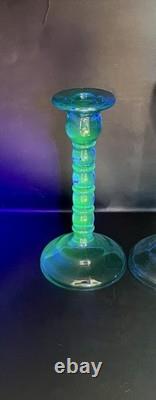 Cambridge Ritz Blue Uranium Glass Candle Holders 8 Set of Two