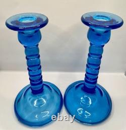 Cambridge Ritz Blue Uranium Glass Candle Holders 8 Set of Two