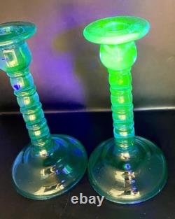Cambridge Ritz Blue Uranium Glass Candle Holders 8 Set of Two