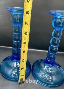 Cambridge Ritz Blue Uranium Glass Candle Holders 8 Set of Two