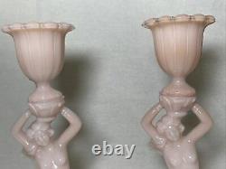 Cambridge pink milk glass crown tuscan nude candlestick pair