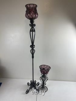 Candle Holder Glass Metal Purple Amethyst Unique Set Of Two 41