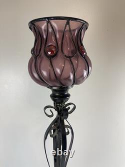 Candle Holder Glass Metal Purple Amethyst Unique Set Of Two 41