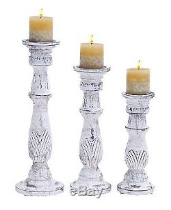 Candle Holder Set 3 Holders White Wood Pillar Stand Rustic Decor Stick Wedding