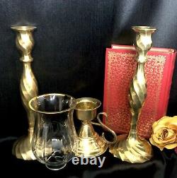 Candle Holders Brass Pillar and Glass Hurricane Centerpiece Polished Brass Set
