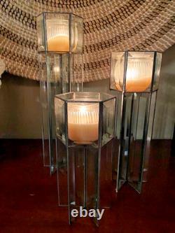 Candle Holders Handmade Leaded Beveled Glass 6 Sided Pillars Set of 3 Vintage