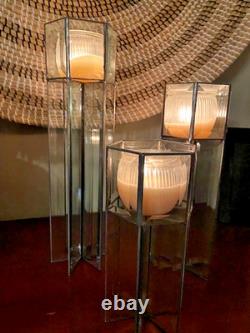 Candle Holders Handmade Leaded Beveled Glass 6 Sided Pillars Set of 3 Vintage