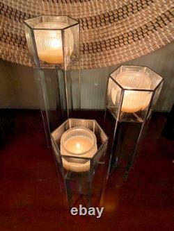 Candle Holders Handmade Leaded Beveled Glass 6 Sided Pillars Set of 3 Vintage