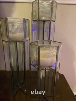 Candle Holders Handmade Leaded Beveled Glass 6 Sided Pillars Set of 3 Vintage