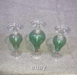 Candle Holders Large Clear & Green Glass Set of 3