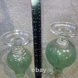 Candle Holders Large Clear & Green Glass Set of 3