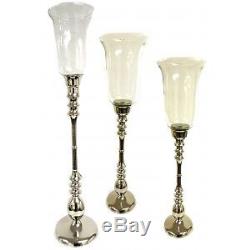 Candle Holders & Votives Set of 3 Candle Holders with Glass Hurricane Nickel- Ht