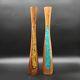 Candlestick Holders Glass Infused Teak Wood Handmade Pillar Blue Amber Set Of 2