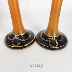 Candlesticks Bohemian Czech Art Glass Candle Holders Orange Black Floral Vintage