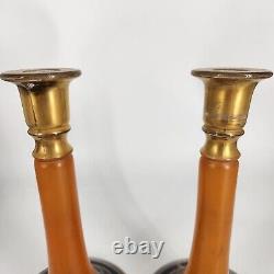 Candlesticks Bohemian Czech Art Glass Candle Holders Orange Black Floral Vintage