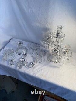 Candlesticks, Glassware, Elegant Heisey 3 Candleabra W Crystal Prisms A Pair
