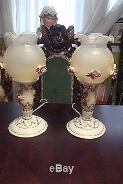 Capodimonte pair of table lamps, glass sgade ruffled borders with applied roses