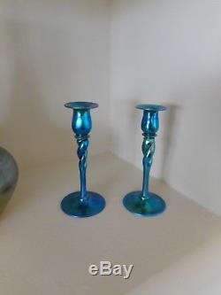 Carder Steuben Blue Aurene Twist Stem Candle Holders