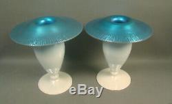 Carder/steuben Blue Calcite Mushroom Top Candle Holders