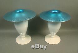 Carder/steuben Blue Calcite Mushroom Top Candle Holders