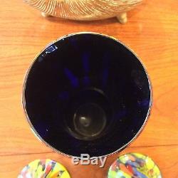 Cased Bohemian Czech Art Glass Vase & Candlesticks End of Day Blue Spatter Glass