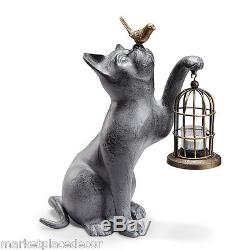 Cat & Bird Cage Garden Statue Lantern Candleholder Sculpture Candle Holder