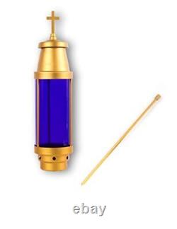 Cemetery Candle Holder with Spike, Cemetery Light, Vigil Latin Cross Gold Blue