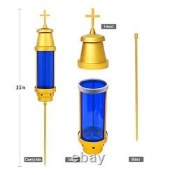 Cemetery Candle Holder with Spike, Cemetery Light, Vigil Latin Cross Gold Blue