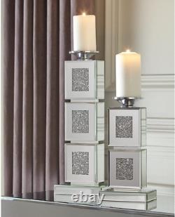 Charline 2 Piece Candle Holder Set with Cut Glass Mirror, Silver