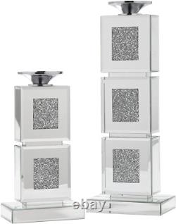 Charline 2 Piece Candle Holder Set with Cut Glass Mirror, Silver