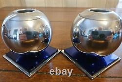 Chase Art Deco Chrome & Cobalt Blue Glass Candle Holders Set of Two