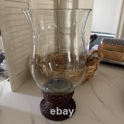 Clear Glass Hurricane Candle Holders (2) Wicker Base Rustic Cylinder for Pillars