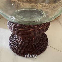 Clear Glass Hurricane Candle Holders (2) Wicker Base Rustic Cylinder for Pillars