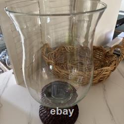 Clear Glass Hurricane Candle Holders (2) Wicker Base Rustic Cylinder for Pillars