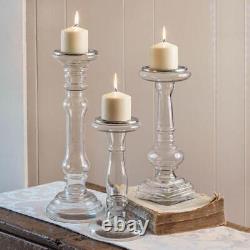 Clear Glass Pillar Candle Holders Set of 3 Holiday Candlesticks