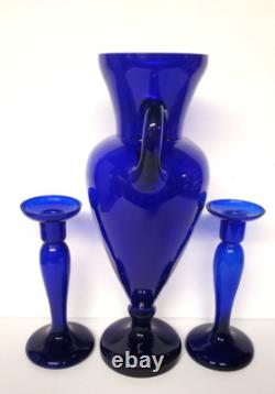 Cobalt Blue Glass Candle Holders and Vase Handled Urn Shape