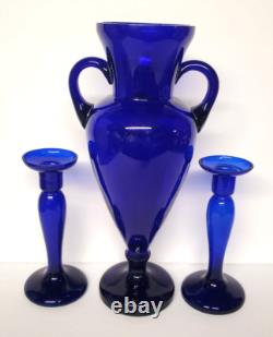 Cobalt Blue Glass Candle Holders and Vase Handled Urn Shape