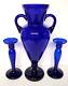 Cobalt Blue Glass Handled Urn Vase And Candle Holders