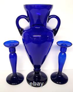 Cobalt Blue Glass Handled Urn Vase and Candle Holders