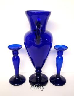 Cobalt Blue Glass Handled Urn Vase and Candle Holders