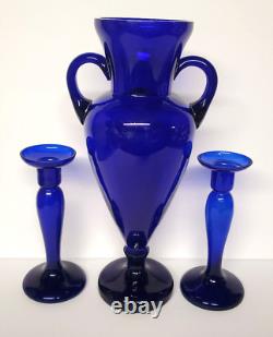 Cobalt Blue Glass Handled Urn Vase and Candle Holders