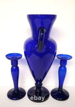 Cobalt Blue Glass Handled Urn Vase and Candle Holders