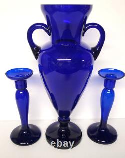 Cobalt Blue Glass Handled Urn Vase and Candle Holders