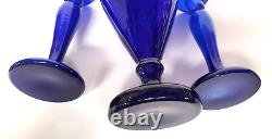 Cobalt Blue Glass Handled Urn Vase and Candle Holders