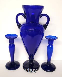 Cobalt Blue Glass Handled Urn Vase and Candle Holders