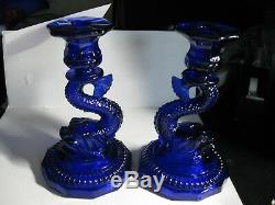 Cobalt Blue Glass Koi Fish Dragon Candle Holders