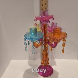 Colorful Five Candle Glass Candelabra 15 1/2 Tall Dangle Multicolor Holder