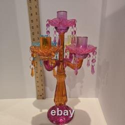 Colorful Five Candle Glass Candelabra 15 1/2 Tall Dangle Multicolor Holder